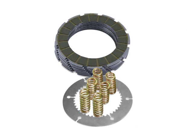 Extra-Plate Clutch Kit Kit consists of 8 aramid friction plates, 1 steel drive plate and a set of 6 heavy-duty clutch springs. 14% more surface area. 