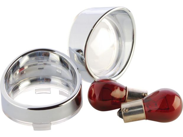 Visor Bezel Kit for Deuce Style Turn Signals Clear lens, with red bulb, double filament Chrome 
