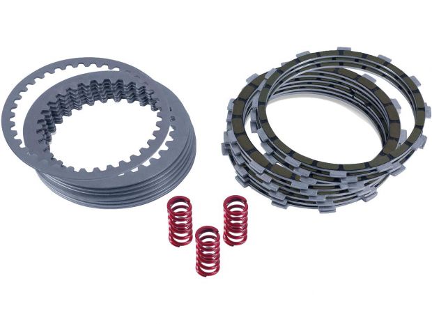 Clutch Plate Kit 10 Aramid Fiber friction plates, 9 tempered steel drive plates, Set of 3 heavy duty springs (for narrow primary) 