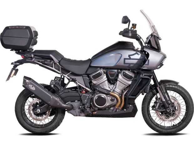 Single Slip-On Muffler for Pan America Models Carbon Fiber Endcap Black Ceramic Coated 