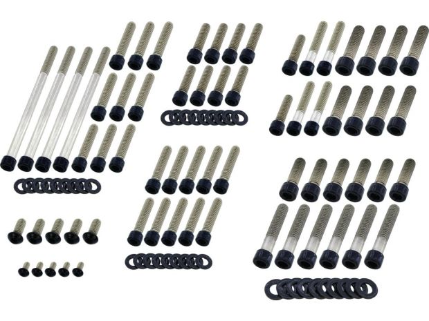 Complete Engine Screw Kit Screws for Touring Primary-, Cam-, Derby-, Timer-, Tranny Side Cover, Rockerboxes, Lifterbase Gloss Black Powder Coated 