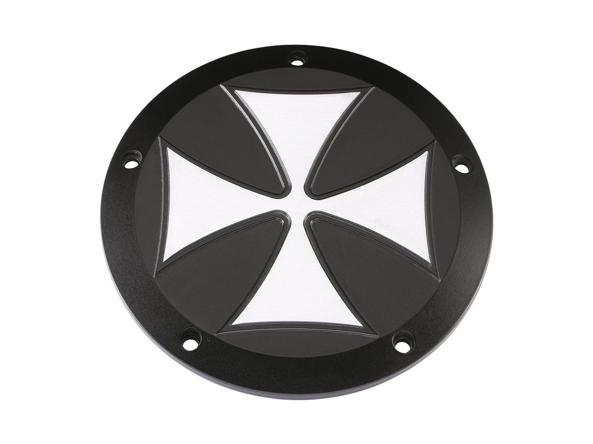 Hells Kitchen Choppers Iron Cross Derby Cover 5-HOLE Black Satin (682094)